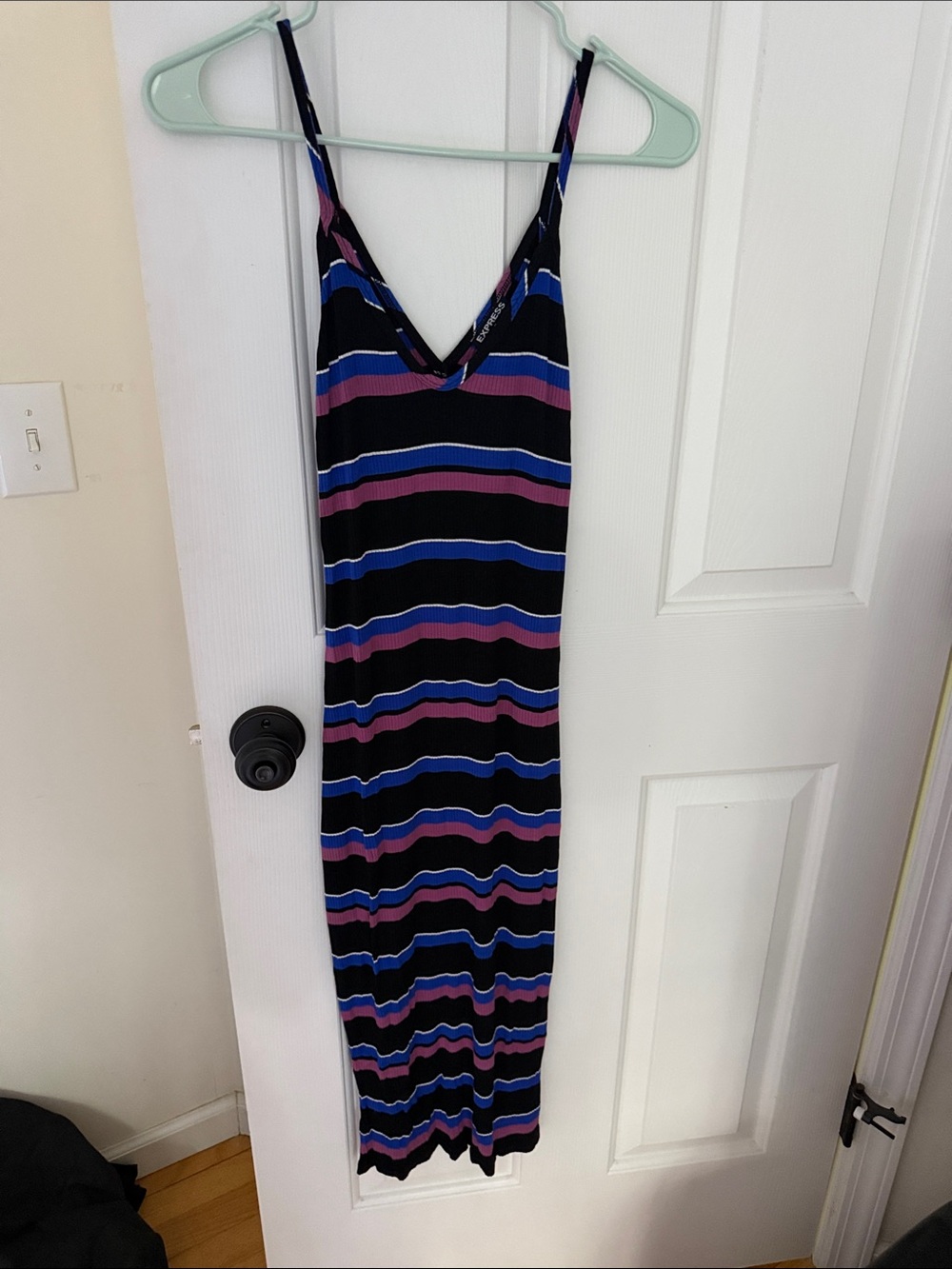 Express Striped V-Neck Maxi Dress in Black with Blue & Purple Stripes